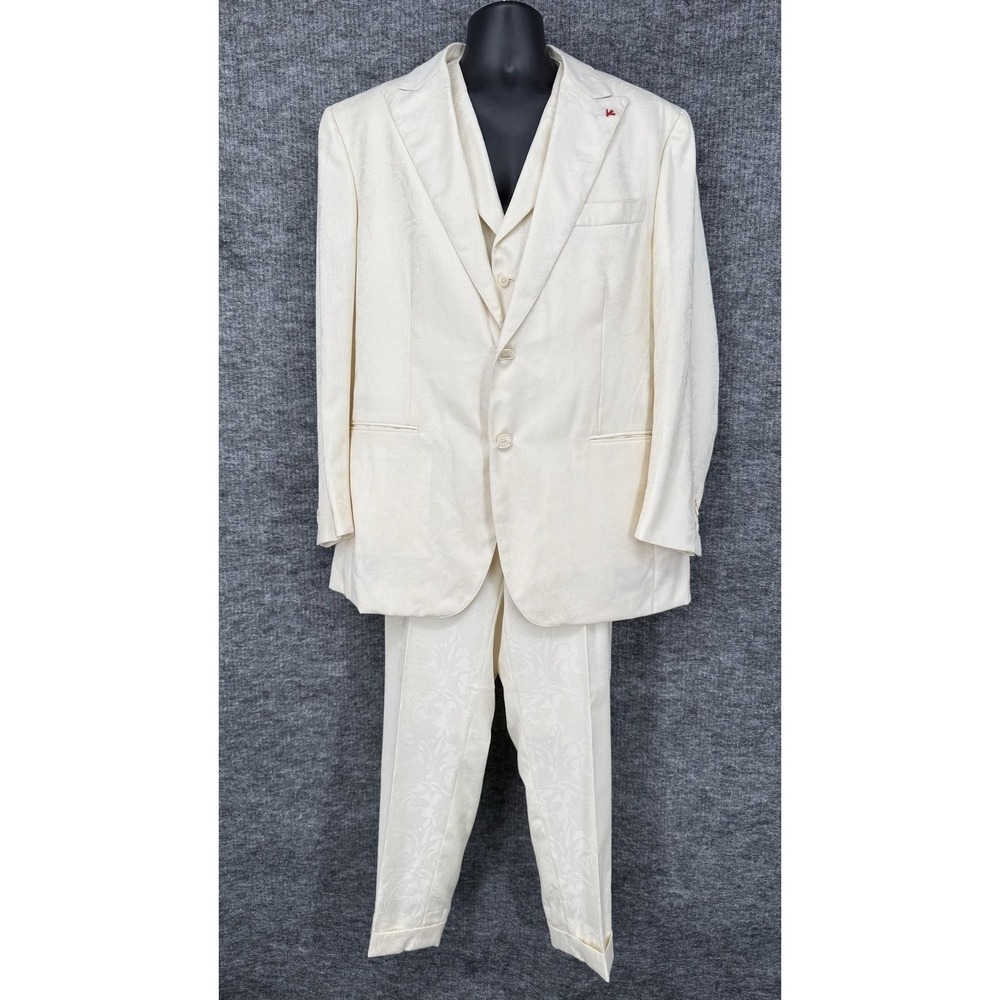 Isaia Sanita Tuxedo Suit Mens 48US/58EU White White Jacquard Wool Floral 3 Piece